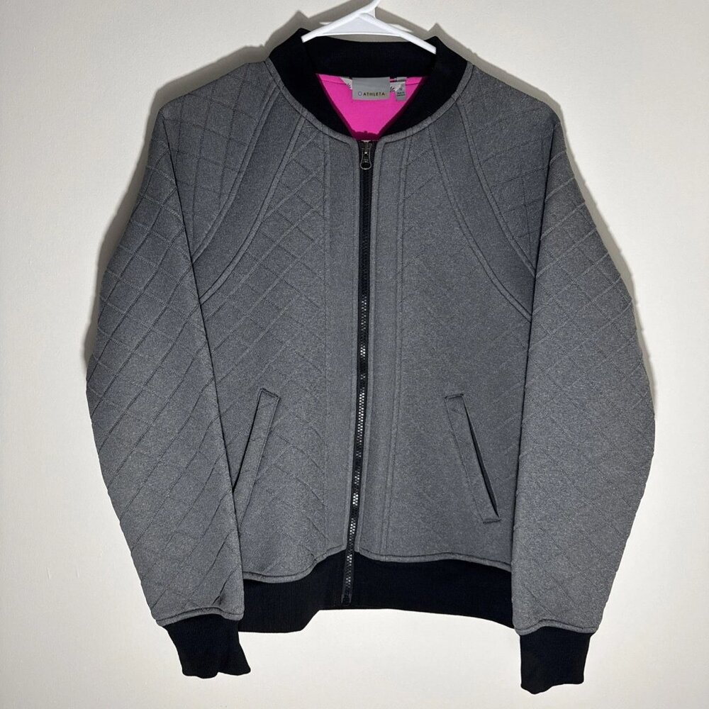 Athleta Infusion Quilted Bomber Jacket Gray Black Trim Women's Medium